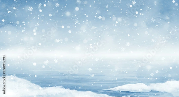 Obraz Winter watercolor scene with snowflakes and icy blue washes, cool and crisp atmosphere