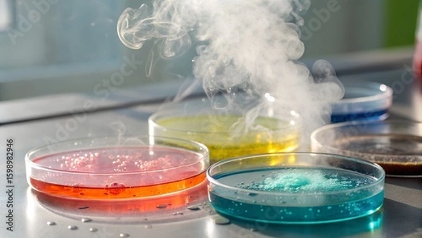 Obraz Macro photo of colorful chemicals reacting in petri dishes, smoke or bubbles forming, soft lighting and blurred background