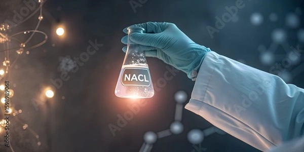 Obraz Gloved hand holding a glowing vial labeled "NaCl", dark science background, cinematic lighting