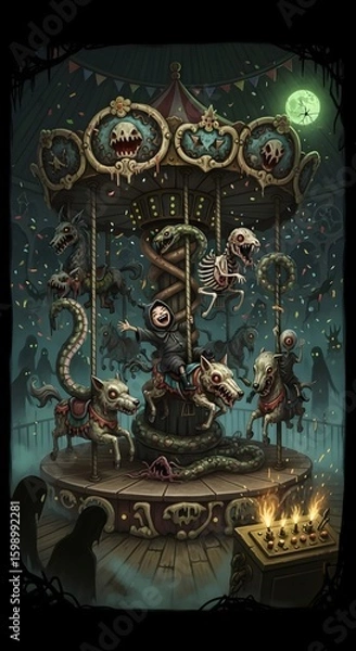 Fototapeta A darkly whimsical, gothic fairytale-style illustration of  a haunted carnival at midnight.  monstrous carousel of disturbing creatures: wolves, skeletal snakes, and eyeless humanoids, surreal