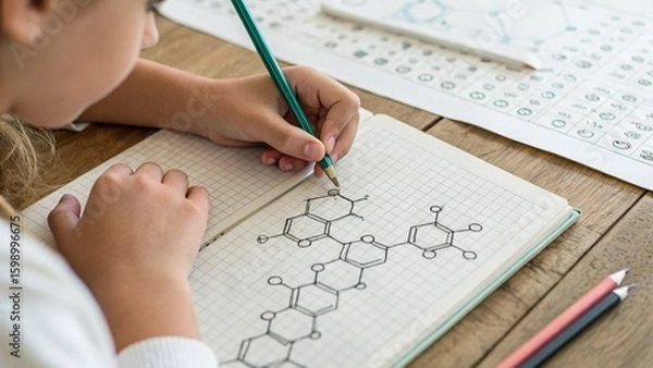 Obraz Close-up shot of girl’s hands drawing structural formulas of organic compounds in a notebook, periodic table partially in background