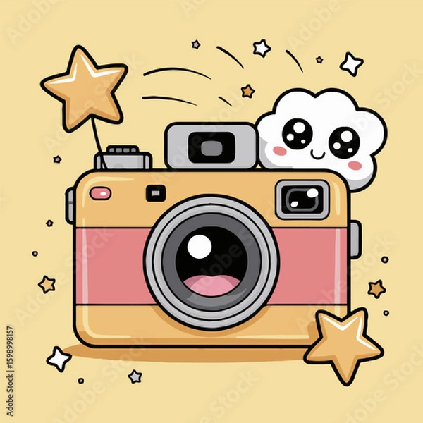 Obraz Cartoon camera with a cloud and stars in a playful and whimsical illustration on a yellow background