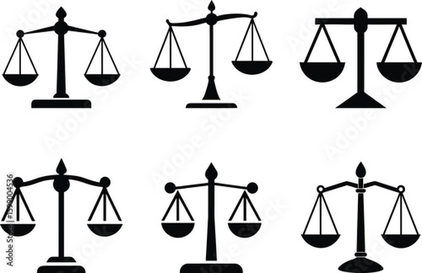 Obraz Scales of justice set - 6 balanced legal vector silhouettes, EPS JPEG PNG