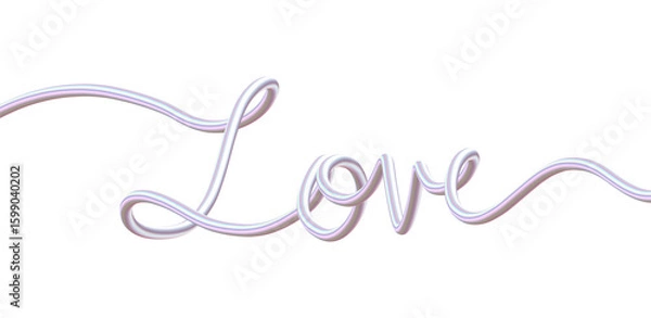 Fototapeta 3D Iridescent Cursive “Love” Word Art. Continuous Line Typography in Pink Pearl Tones. Romantic Glossy Text Design Element.