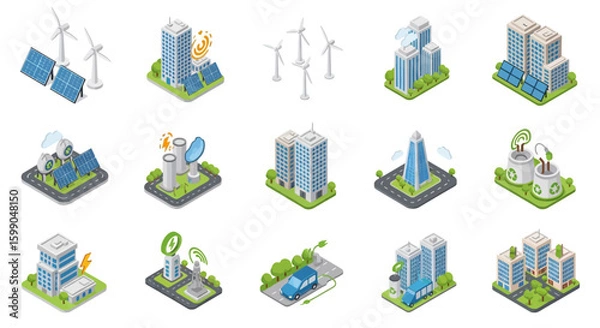 Obraz Vector Icons Set of Set of isometric smart city icons featuring renewable energy eco buildings and sustainable technology. EPS Editable