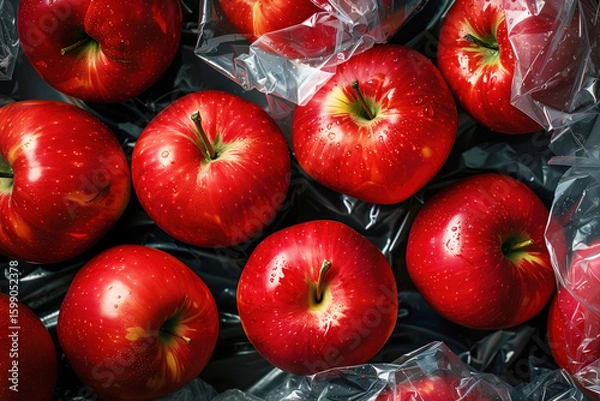 Fototapeta top view of fresh red apples with water droplets wrapped in clear crinkled plastic for food packaging and market display