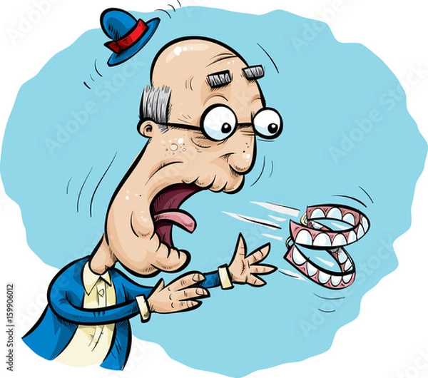 Obraz A cartoon senior man reacting to his set of false teeth dentures falling out of his mouth.