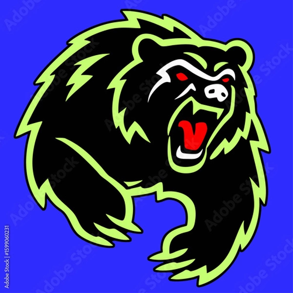 Fototapeta A fierce neon-outlined black bear roaring in a dynamic pose on a vibrant blue background. Generative by AI