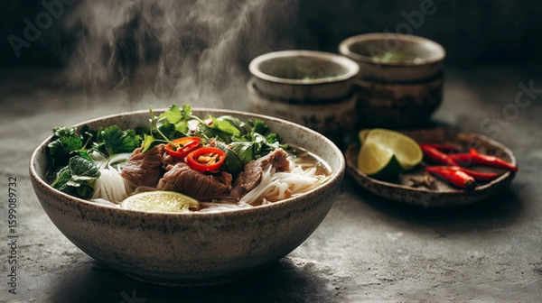Obraz A bowl of pho with steam rising, garnished with herbs, chili peppers, and lime wedges on a table
