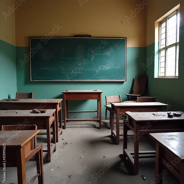 Fototapeta An abandoned classroom with empty desks and broken chalkboards, representing lack of access to education