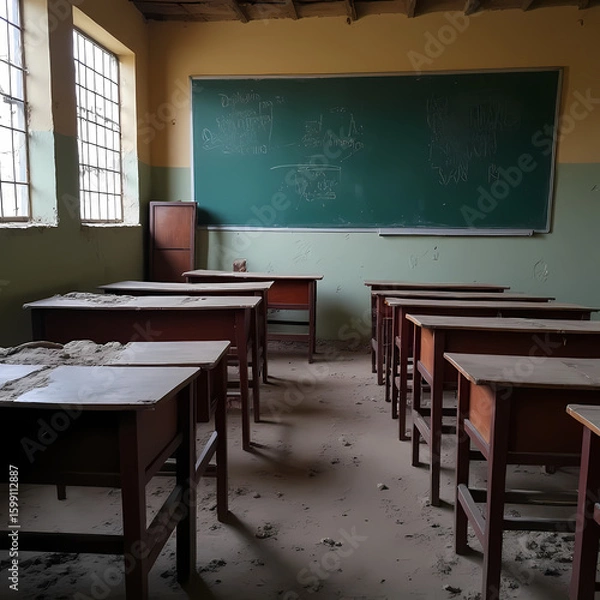 Fototapeta An abandoned classroom with empty desks and broken chalkboards, representing lack of access to education