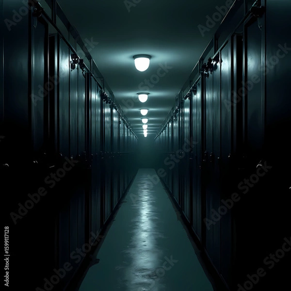 Fototapeta Rows of locked prison cells with dim lighting, reflecting mass incarceration