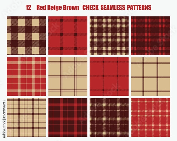 Fototapeta 赤とブラウン・ベージュカラーのチェック柄シームレスパターンセット