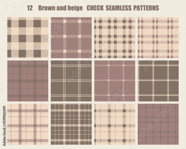 Fototapeta ベージュとブラウンカラーのチェック柄シームレスパターンセット