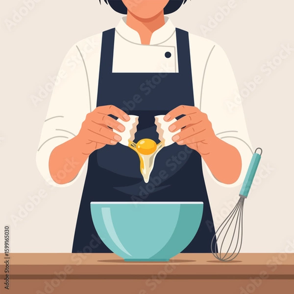 Fototapeta Egg Cracking Into Blue Bowl by Baker in Apron Vector Illustration