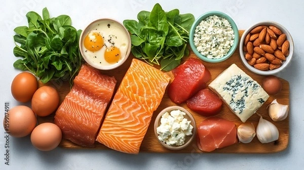Fototapeta Various protein-rich foods displayed on a wooden board.