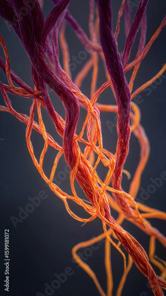 Fototapeta Abstract concept of strength and unity through tangled orange and purple fibers on dark background