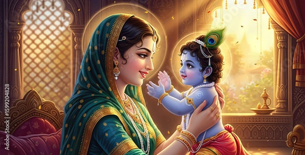 Fototapeta krishna janmashtami Divine Bond Between Yashoda and Baby Krishna in a Royal Palace Setting