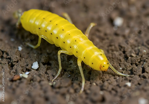 Fototapeta Larva Pyrochroa coccinea caterpillar - Fire Moth butterfly. Close-up macro of yellow insect larva development. Background