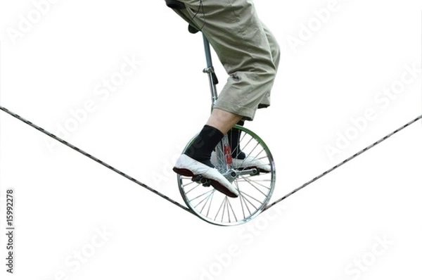 Obraz  Hochseilakrobatik: der Seilakrobat, Seiltänzer, Einradfahrer auf Seil in Balance.