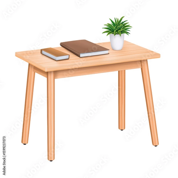 Fototapeta Simple Wooden Table with Books and a Potted Plant isolated on transparent background.