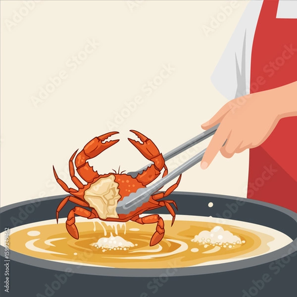 Fototapeta Cooked Crab Being Fried in a Pan Held by Tongs