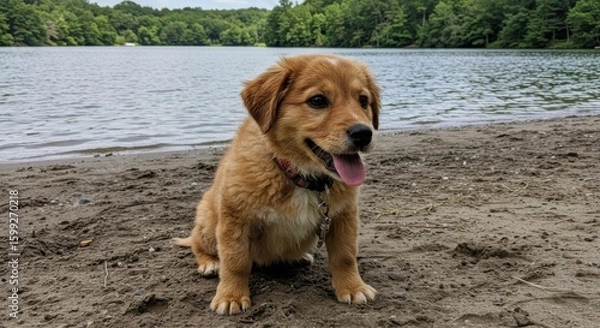 Fototapeta Golden Puppy Sitting on Sandy Beach near Lake