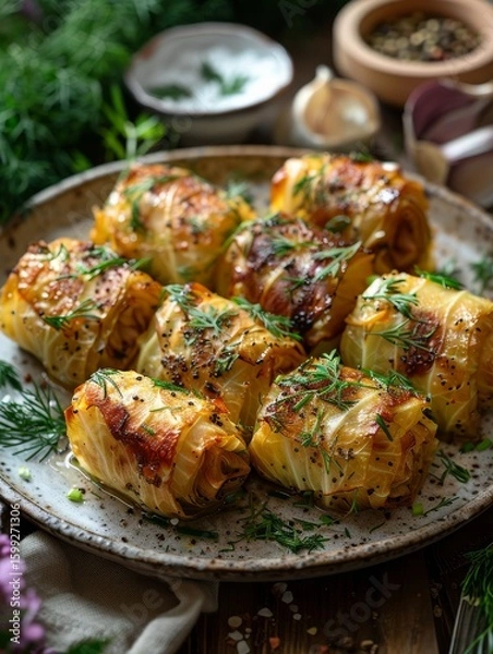 Fototapeta plate of Ukrainian holubtsi cabbage rolls, rustic table, cozy setting, realistic style, soft natural lighting, earthy green and beige tones, top-down view with negative space in center