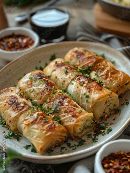 Fototapeta plate of Ukrainian holubtsi cabbage rolls, rustic table, cozy setting, realistic style, soft natural lighting, earthy green and beige tones, top-down view with negative space in center,