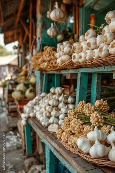 Fototapeta rustic Ukrainian market stall with braided garlic, outdoor village scene, realistic style, bright daylight, earthy brown and green tones, angled composition with negative space at top