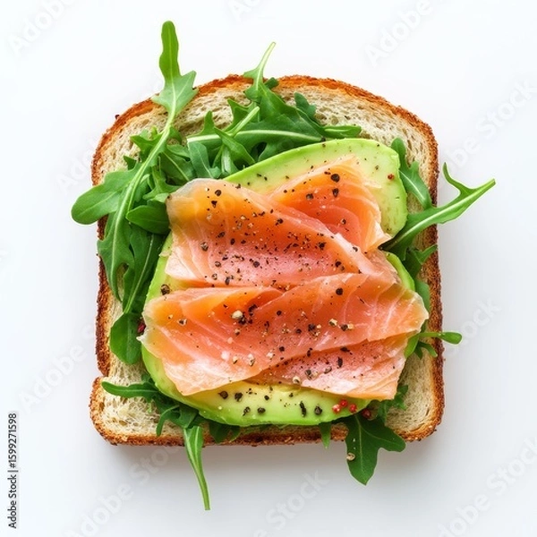 Fototapeta Single slice of avocado toast in the shape of classic sandwich bread (rounded top, rectangular bottom), topped with thin slices of smoked salmon and fresh arugula leaves. 