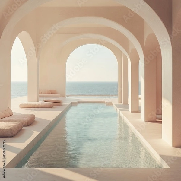 Fototapeta Stunning shot of interior design, a white pool house with a pool and arches in the background, a sea view, pastel colors, an aesthetic, soft light,