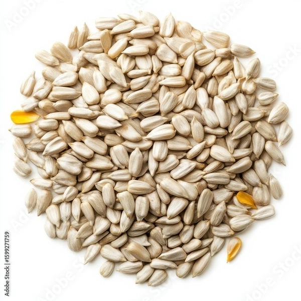 Fototapeta Top view of a generous amount of hulled sunflower seeds (no shell), forming a large irregular organic circle, as if naturally scattered. Seeds must be whole, unbroken, clean, and uniform in shape.