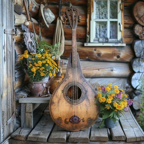 Fototapeta traditional Ukrainian bandura instrument, wooden porch, realistic style, soft evening light, earthy brown and gold tones, centered composition with negative space around