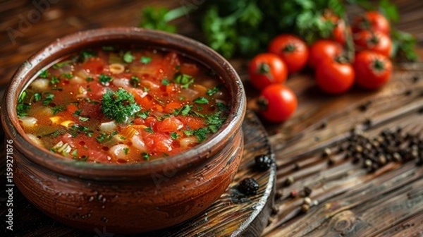 Fototapeta traditional Ukrainian borschok soup in clay pot, wooden table, realistic style, soft evening light, earthy red and beige tones, top-down view with negative space in center