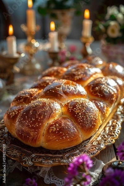 Fototapeta traditional Ukrainian wedding bread korovai, ornate table, realistic style, warm sunlight, neutral beige and gold tones, centered composition with negative space around