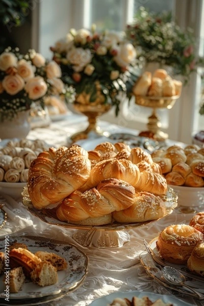 Fototapeta traditional Ukrainian wedding bread korovai, ornate table, realistic style, warm sunlight, neutral beige and gold tones, centered composition with negative space around,