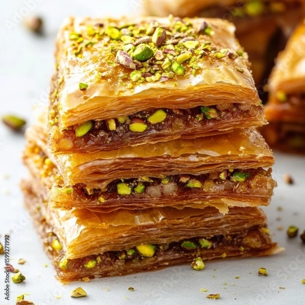 Fototapeta Turkish baklava slices with crushed pistachios scattered on a white background