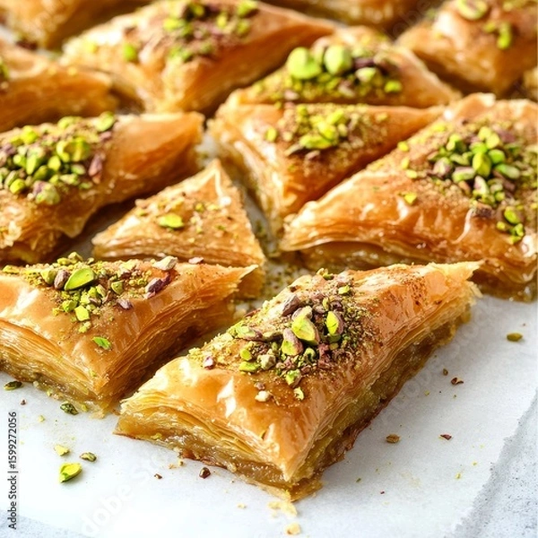 Fototapeta Turkish baklava slices with crushed pistachios scattered on a white background