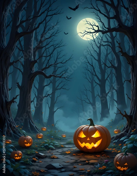 Fototapeta Multiple pumpkins in a spooky wooded area under soft moonlight, perfect for Halloween-themed backgrounds or visual stories.