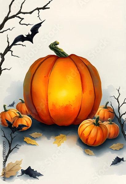 Fototapeta A realistic pumpkin surrounded by scattered leaves, illustrated in warm autumn tones and suitable for seasonal digital content.