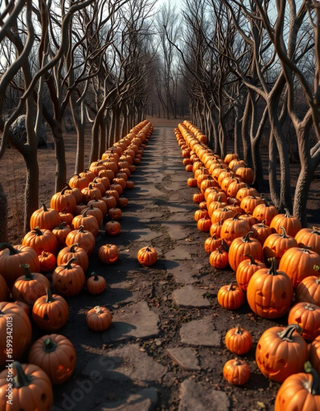 Fototapeta A trail of carved pumpkins set between barren trees, perfect for Halloween stories or dark-themed visual narratives.
