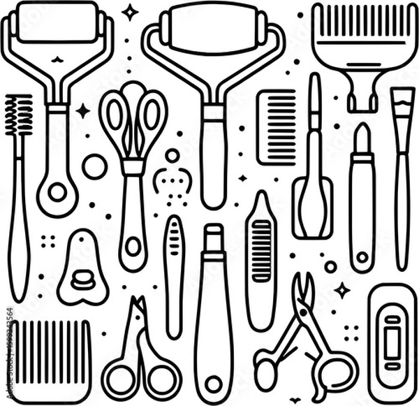 Fototapeta Flat line icons of beauty tools such as face rollers, gua sha, brush, comb, nail clipper, and scissors, isolated on white background.

