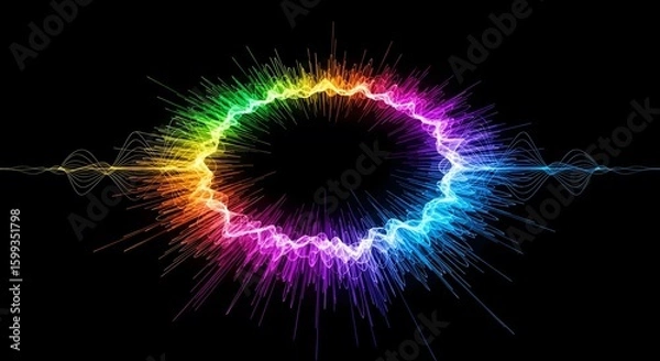 Obraz Colorful abstract representation of sound waves radiating outwards from a central black void.