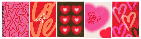 Fototapeta Set of abstract heart-themed designs with love quotes, hand-drawn and textured style, on colorful backgrounds, expressing affection and positivity. Set of vector illustrations