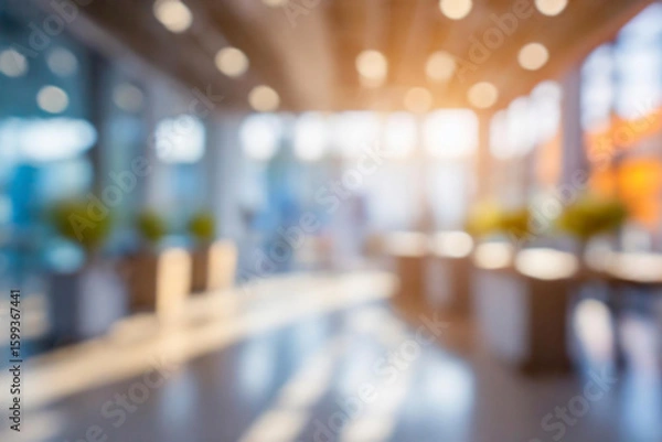 Fototapeta Blurred empty open space office. Abstract light bokeh at office interior background