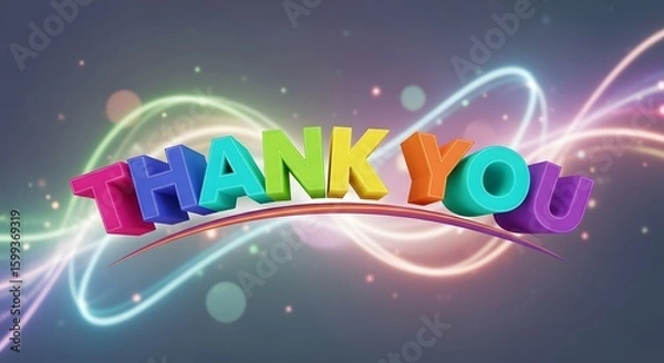 Obraz Colorful 3D "Thank You" text floating against a vibrant, abstract background of swirling light.