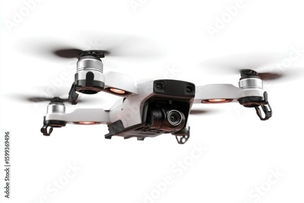 Obraz White quad-copter drone in flight capturing aerial images with rotating propellers