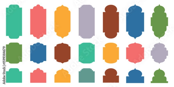Fototapeta Set of Islamic shape window frame in flat style. Arab frame set. Ramadan Kareem silhouette icon. Mosque gate. Islamic arabesque pattern. Vector mosque gate shape isolated on background.
