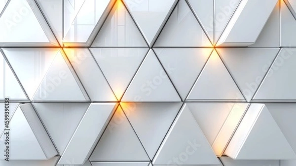 Fototapeta Abstract White Triangular Geometric Pattern with Orange Glowing Highlights: Modern Architectural Design Texture